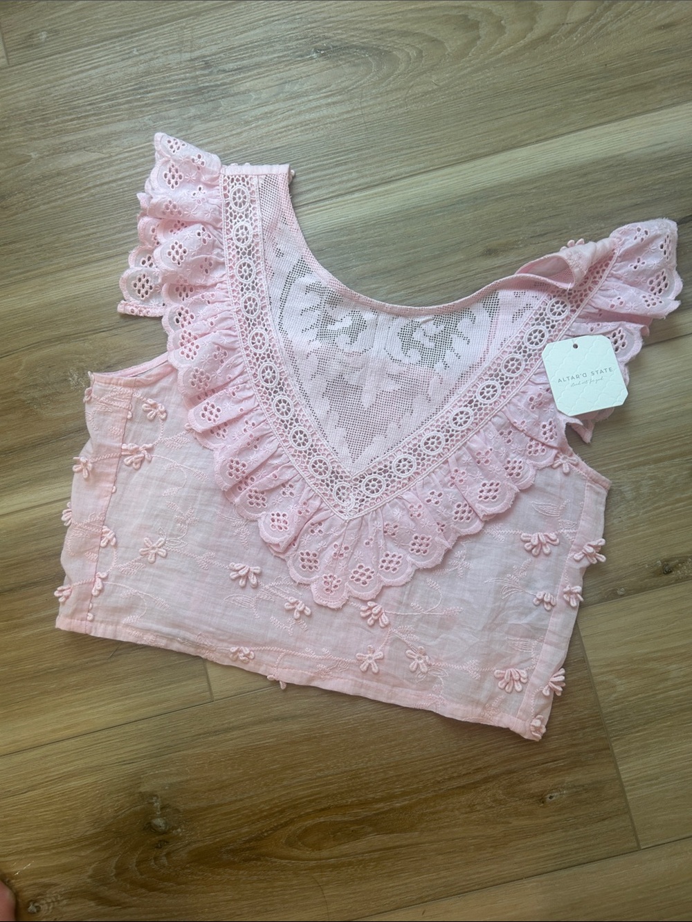 NWT Altar'd State Light Pink Lace & Embroidered Flutter Crop Top